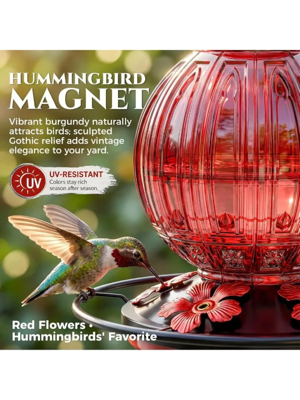 Elegant Glass Hummingbird Feeder - 26oz, Leak-Proof, 5 Flower Ports for Garden